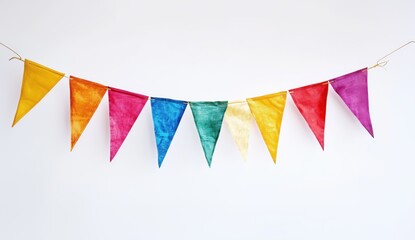 Fototapeta premium Colorful Celebration Flags: A vibrant string of colorful triangle flags suspended, ready to add a splash of joy to any celebration or event. The flags exude cheerfulness and festive atmosphere.