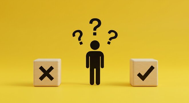Conceptual 3D Illustration of a Person Facing a Decision with Yes and No Options, Question Marks Above, Yellow Background