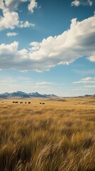 Fototapeta premium Golden grassland, distant mountains, several grazing animals.
