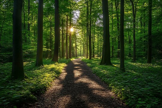 A quiet forest path with dappled sunlight filtering through the trees, the ground covered in soft leaves, creating a serene and peaceful environment