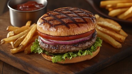 Juicy, grill-marked burger with fresh toppings and crispy fries on a rustic board. A delicious, satisfying meal
