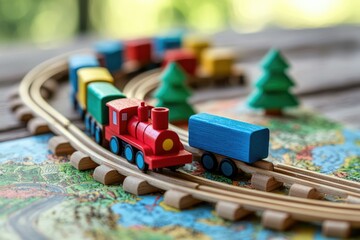 A colorful wooden toy train travels along a curved track on a map with small trees.