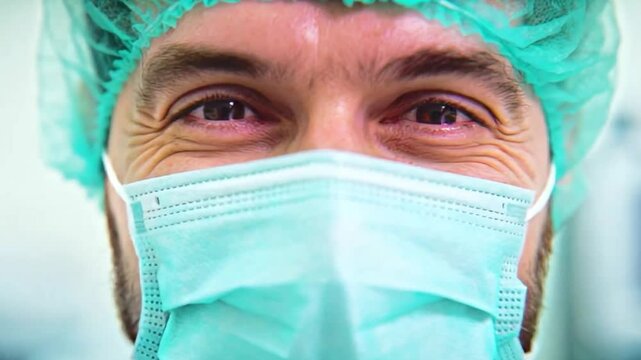 Close-up of smiling male doctor in surgical mask and cap. Healthcare worker showing emotion through eyes. Concept of trust, care, safety, and medical professionalism