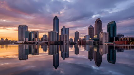 Stunning Golden Hour Atlanta Skyline with Water Reflection – High-Resolution Cityscape