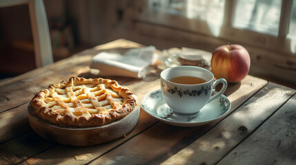 Rustic apple pie and tea on wooden table with sunlight