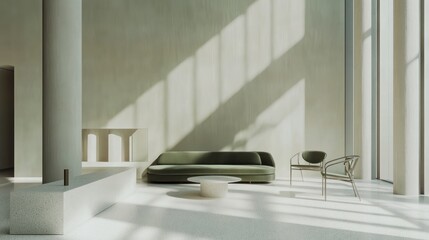 Modern green sofa in sunlit lobby