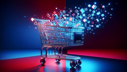 A futuristic shopping cart overflowing with digital data, symbolizing the explosion of e-commerce and online retail.

