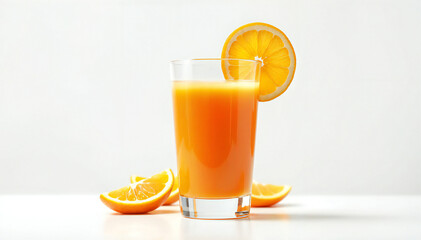 A tall, elegant glass of freshly squeezed orange juice, adorned with a vibrant orange slice.  Evokes a sense of refreshment. 