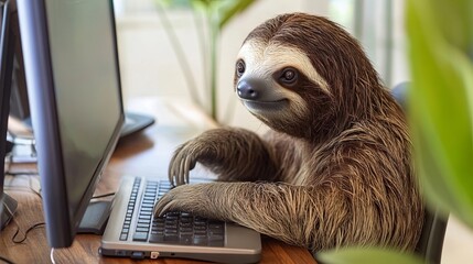 Naklejka premium Cute sloth with laptop working lazily on the sofa 