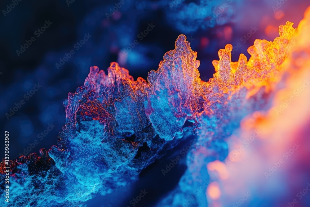 Wall mural abstract fiery landscape made up of blue and orange particles, creating a sense of depth and otherwo
