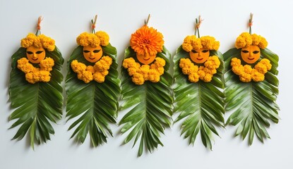 Floral Arrangement: A meticulously crafted arrangement of vibrant yellow marigolds and lush green leaves forms a beautiful, eye-catching display, bringing the beauty of nature indoors.