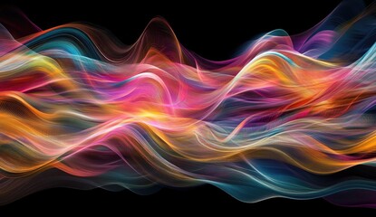 Colorful glowing particles on a dark background, with a blue, purple, and pink color theme