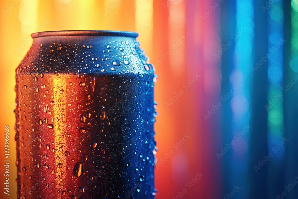 Poster classic soda can with condensation against vibrant colorful background creating high contrast reflec