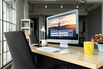 Fototapeta premium Online flight booking website provide modish reservation system . Travel technology concept .