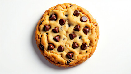 A single, delicious chocolate chip cookie, golden-brown and studded with generous chocolate chips, sits invitingly on a white background. The cookie's texture appears soft and chewy.