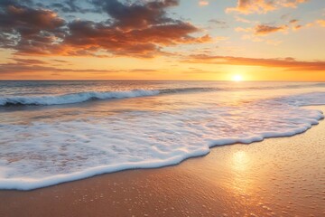 Obraz premium A quiet, secluded beach with gentle waves and soft sand, the sky painted with the warm hues of sunset, creating a peaceful and calming atmosphere