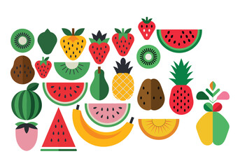 Colorful Fruit Icons Watermelon, Pineapple, Strawberry, and Tropical Fruits