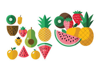 Colorful Fruit Icons Pineapple, Watermelon, Strawberries, and Tropical Fruits