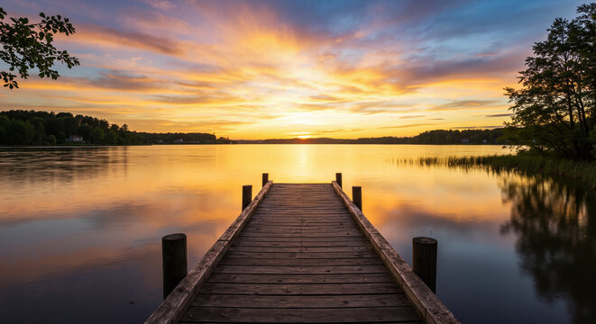 Serene sunset over calm lake with wooden dock, golden hour glow