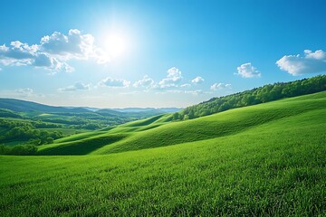 Fototapeta premium A peaceful countryside with rolling green hills under a bright blue sky, capturing the idyllic beauty of rural life