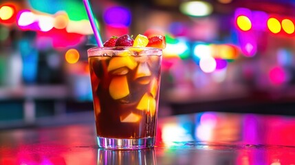 A vibrant cocktail with fruit garnish on a neon-lit bar counter at night.