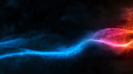Glowing abstract wave with particles flowing from blue to red orange colors against dark background, creating dynamic light motion effect.