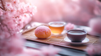 A serene still life featuring tea cups, a sweet bun, and cherry blossoms on a bamboo mat