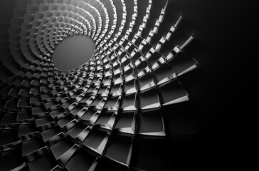 Dark abstract geometric spiral structure with black glossy 3d tiles in modern futuristic concept backgrounds