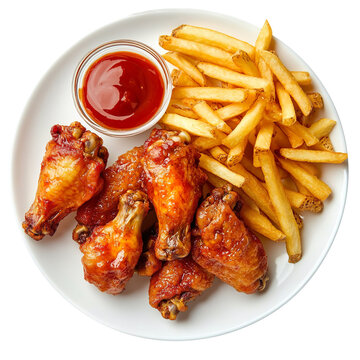 A plate of chicken wings and fries with sauce isolated on transparent background