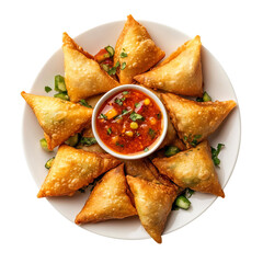 A plate of samosa Chaat top view isolated on transparent background