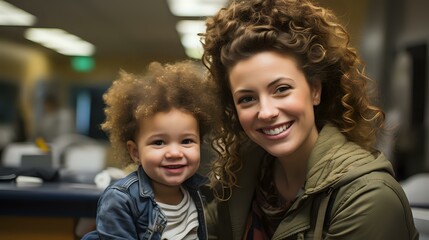 Fototapeta premium Caucasian mother with curly hair and mixed-race child with afro hair share genuine smiles in casual setting. Authentic family moment captures natural joy and connection.