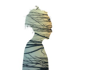 Double-exposure fusion photo. Human silhouette filled with a landscape.
