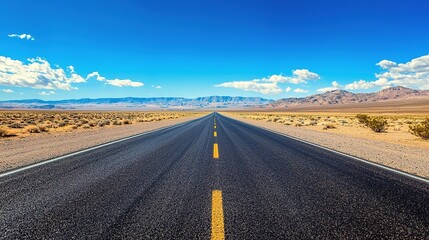 A vast and empty desert landscape featuring a wide, straight asphalt road stretching into the distance, with smooth and flat surface reflecting the light, mountains in the backdrop.