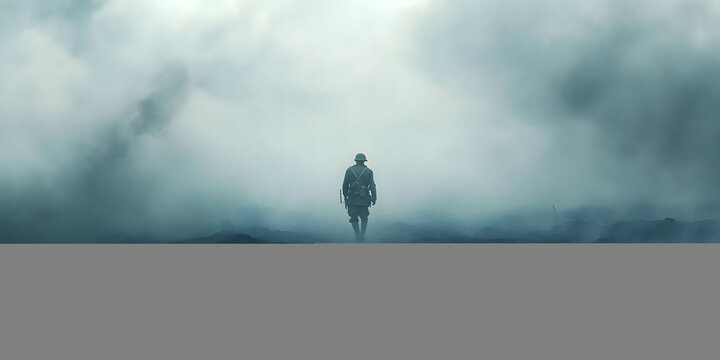 A lone soldier walks through a misty battlefield, a somber reflection of war's aftermath.
