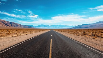 A vast and empty desert landscape featuring a wide, straight asphalt road stretching into the distance, with smooth and flat surface reflecting the light, mountains in the backdrop.