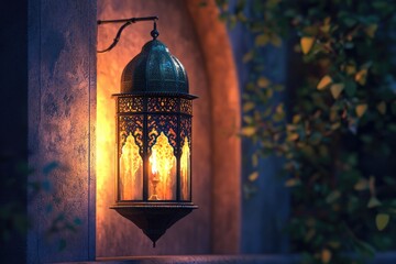 Eid Mubarak and Ramadan Kareem greetings with an Islamic lantern, clouds, and a mosque.