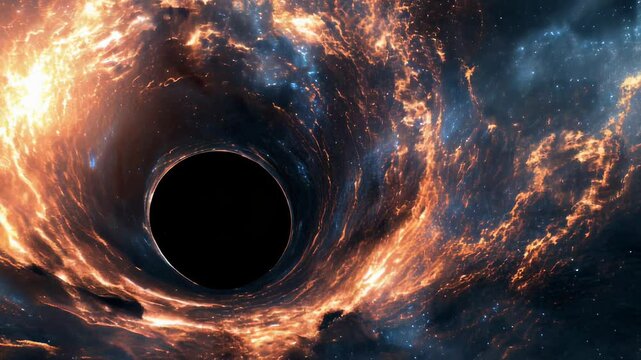 Cosmic abyss: supermassive black hole, event horizon secrets, gravitational effects, galactic core, space-time disruption, wormhole speculation, astronomical wonder, universal force.