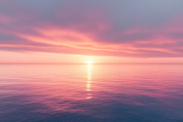 A radiant sunrise breaking over the horizon, casting golden rays across a calm sea, with the sky painted in shades of pink and orange