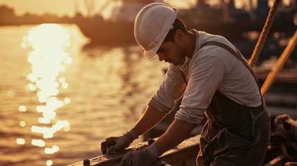 Fototapeta premium A worker tightening bolts on a ship deck in warm light