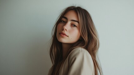 Fototapeta premium A young woman with long hair, wearing a beige jacket, standing against a plain white background with ample copy space to the left, minimalist and clean style