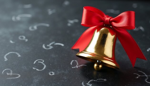 Traditional Golden School Bell with Festive Red Ribbon on Chalkboard Background