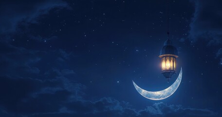 Naklejka premium Eid Mubarak and Ramadan Kareem greetings with an Islamic lantern, clouds, and a mosque.