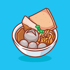 Delicious and warm meatball soup with noodles. Cute vector illustration.