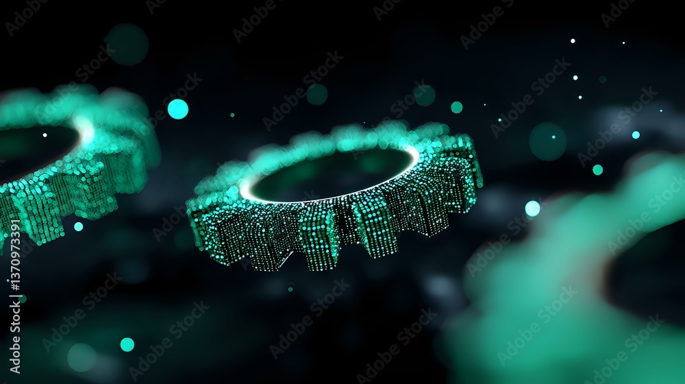 Poster glowing turquoise mechanical gears with digital circuit patterns floating in dark space with bokeh l