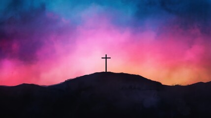Easter Morning: The Cross silhouetted against the dawn sky, representing the sacrifice. Digital watercolor painting.