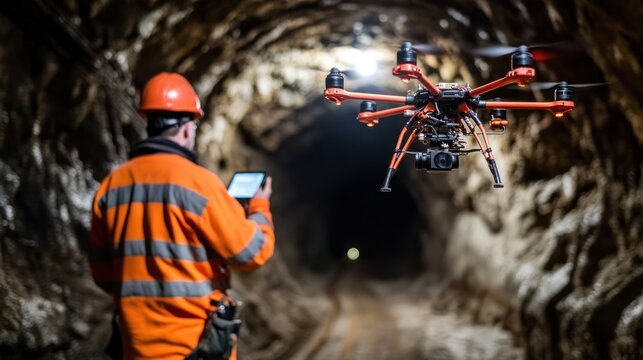 Drone inspection operation at a mine, inspecting with a digital tablet in hand