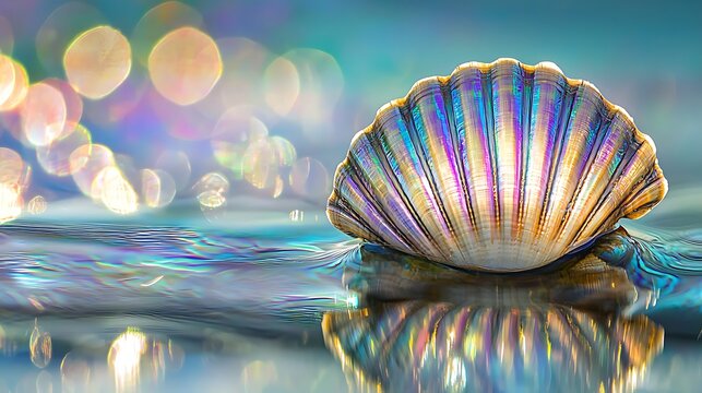 A vibrant iridescent seashell rests on rippling water, with shimmering bokeh
