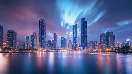 Obraz premium Long exposure of moving clouds urban skyline photography evening aerial view high fidelity