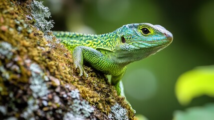 Fototapeta premium Vibrant green lizard blends seamlessly with mossy bark. A captivating portrait of nature's detail and subtle beauty