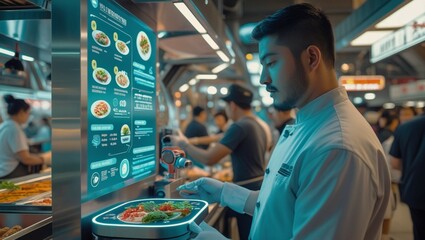 Futuristic Smart Cafeteria with AI Robots and Digital Menu – High-Tech Food Service